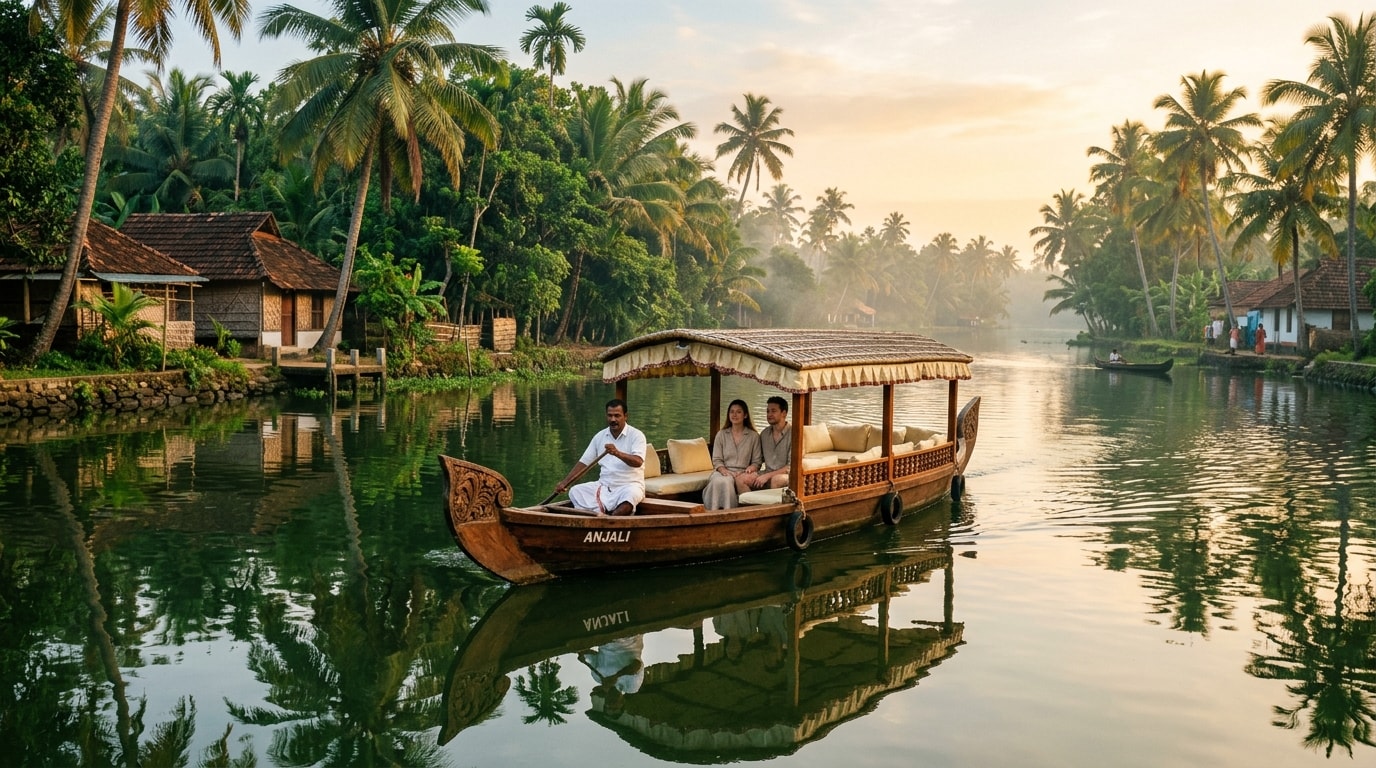 Traditional Shikara boat cruising calm village backwaters in Alleppey, Kerala